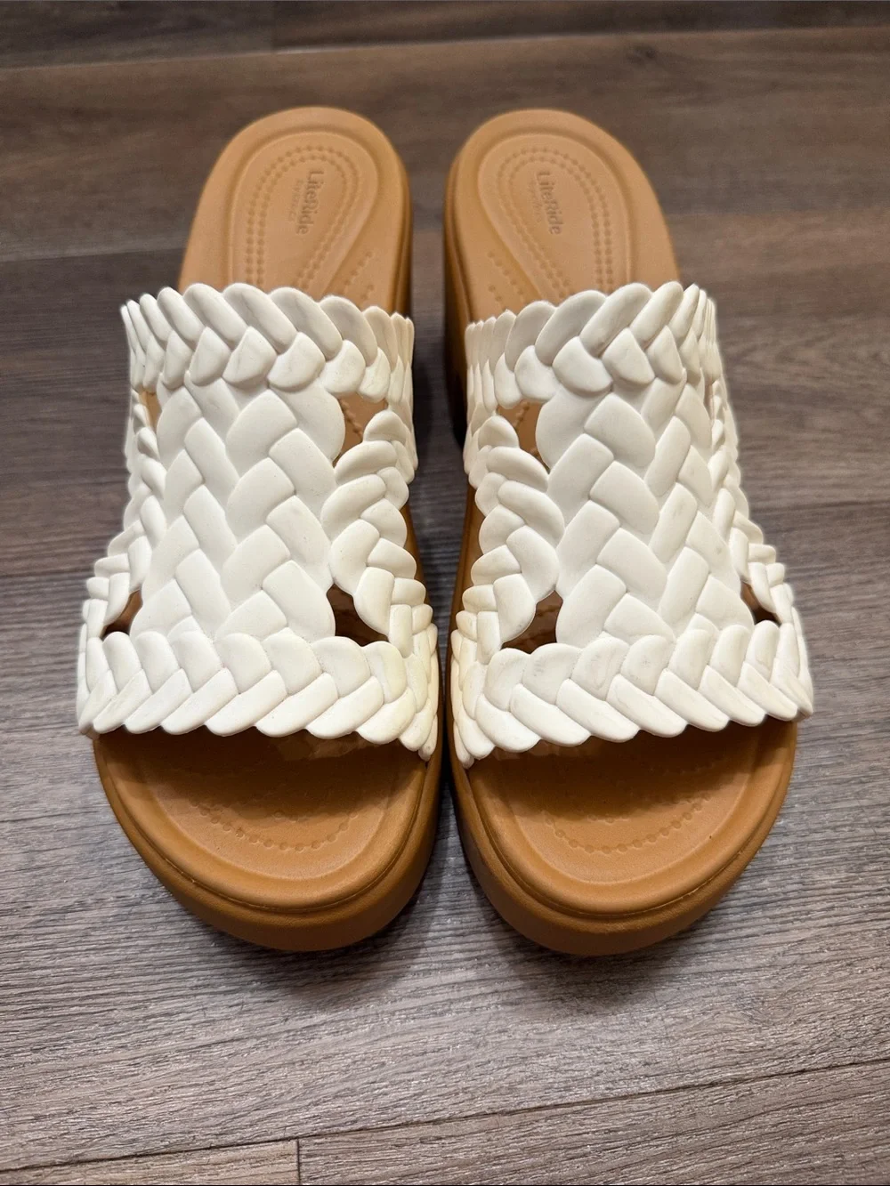 White Woven Slide Sandals with Tan Platform - LiteRide